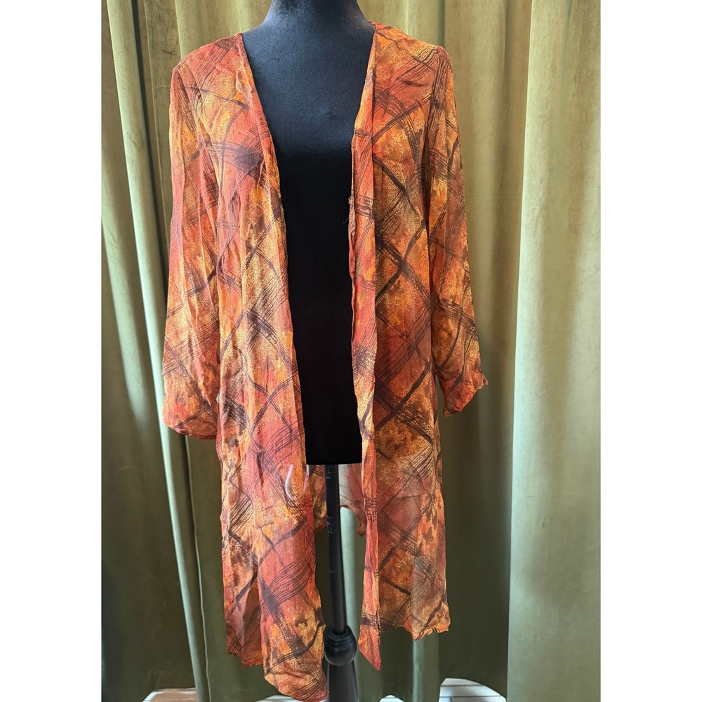 Robbie Bee Woman 100% Silk Sheer Plaid Duster Cardigan‎ Orange Brown 16WP